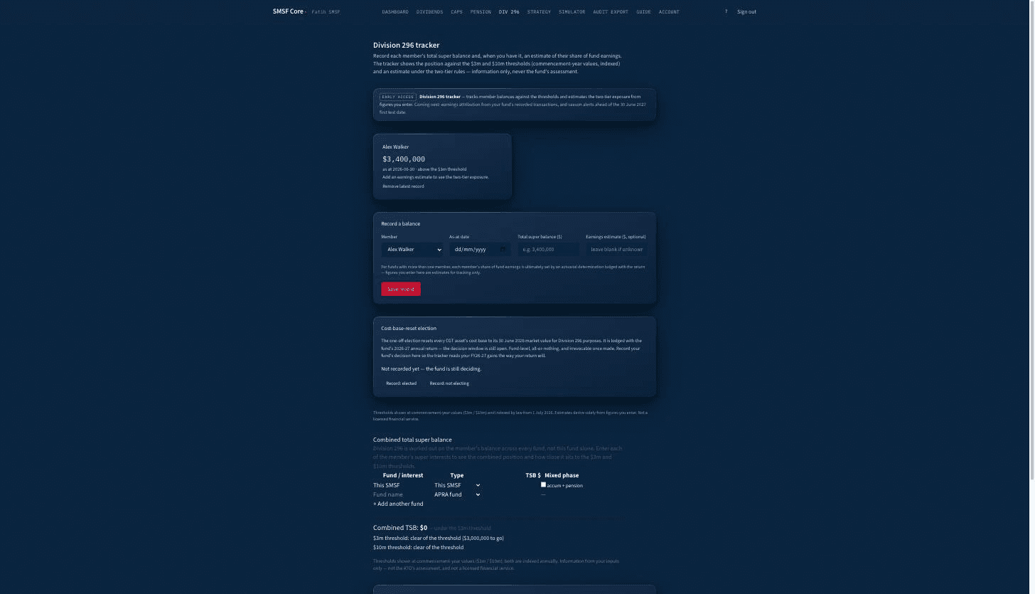 Division 296 tracker: member balance card against the 3 million dollar threshold, record-a-balance form and the cost-base-reset election record